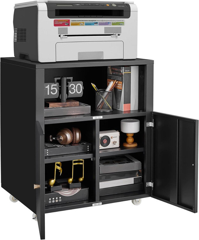 Mobile Printer Stand with Storage, 2-Door Metal File Cabinet on Casters for Home Office