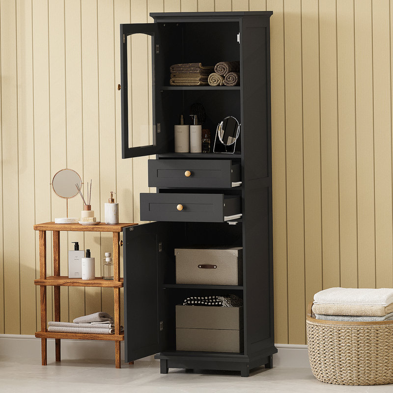 Tall Bathroom Storage Cabinet With Glass Doors, Free-Standing, Gray