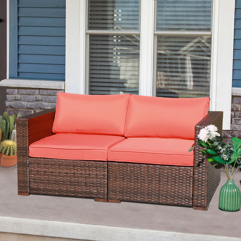 Gerdt 59.2'' Wide Wicker Loveseat with Cushions, Orange Cushion//Brown Frame