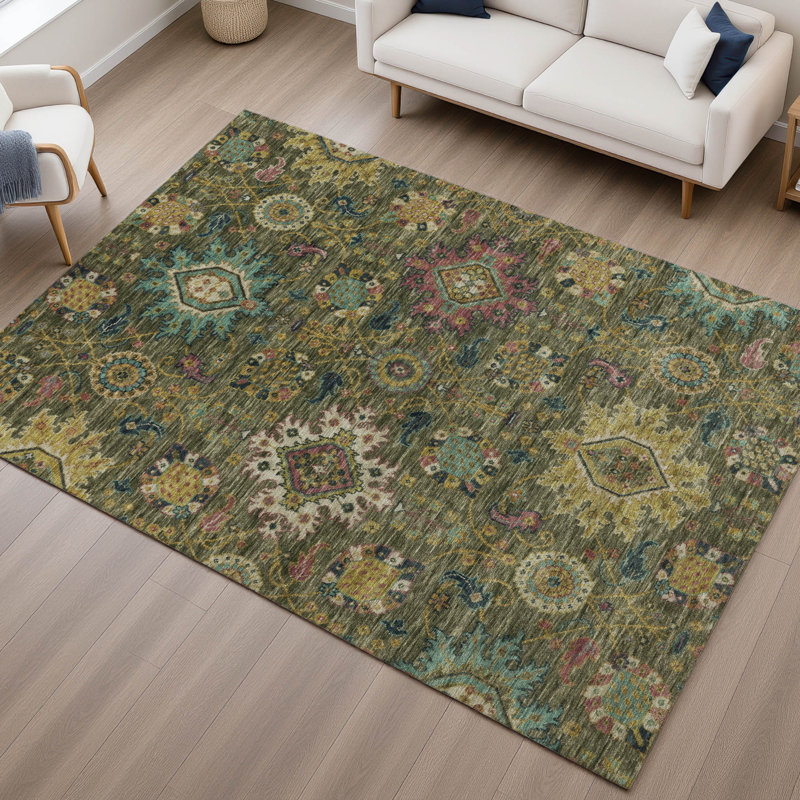 Premium Machine Washable Mayfield AMF2151 medallions Rug, Rectangle 3' x 5', Olive