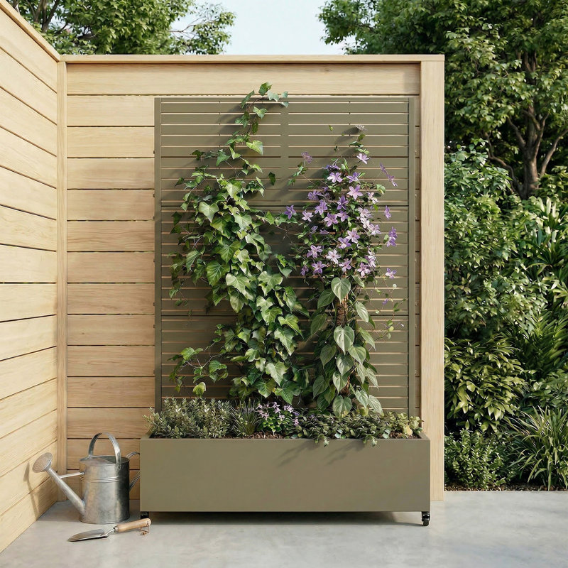 6 ft. H x 4 ft. W Metal Planter Box privacy screen Garden Bed with Trellis and Wheels - Gray, 73" H x 47" W x 16" D, Khaki