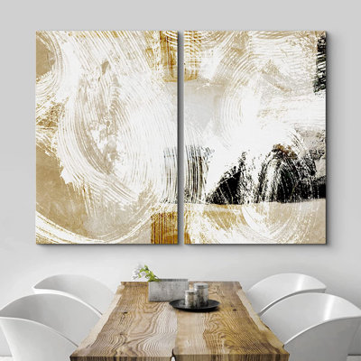 Abstrait, effet de peinture blanche, noir, brun clair, grunge, coup de graffiti - 2 pièces sur toile