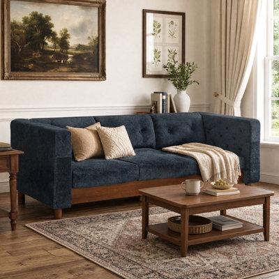 78" Modern 3 Seater Sofa Chenille Upholstered Couch with Square Arms, Tufted Pillow Back & Walnut Rubber Wood Legs Multi Cushion Sofa for Living Room  and Apartment Leisure Corner