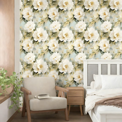 Papier peint auto-adhésif avec pivoine blanche, papier autocollant en vinyle imperméable pour murs, meubles, armoires et tiroirs, facile à installer et à retirer