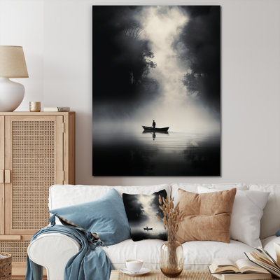 Bateau solitaire Fisher Misty Lake noir et blanc I - Bateau, décoration murale