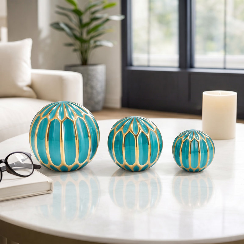Decorative Ceramic Cutout Orb Objects for Home Decor - Modern Tabletop Sphere Accents for Console or Living Room Display - Set of 3, 6", 5", 4"