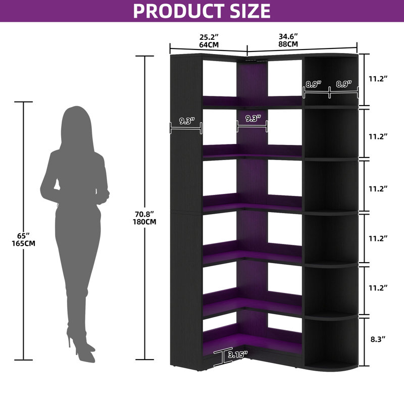 Naaliyah 6 Tier Corner Bookshelf, Bookcase With LED Light, L-Shaped Storage Bookcase For Home Office, Living Room, Black