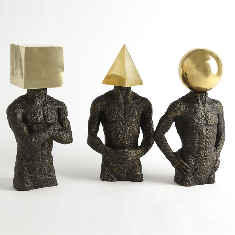Sphere Hero-Bronze Cast Iron with Brass Geometric Head Sculpture