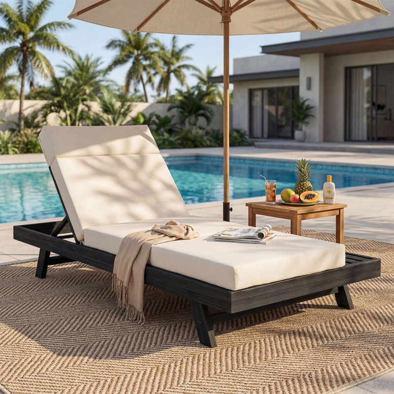 Lounge Chaise With Headrest,  Water-Resistant Lounge Cushions, Cream