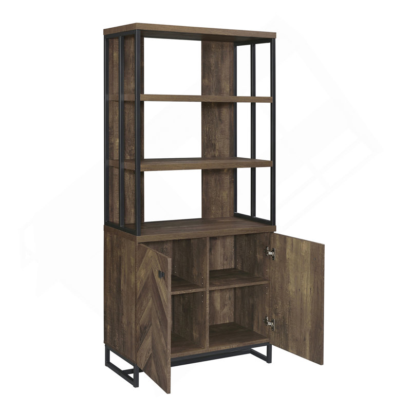 2-Door Bookcase In Rustic Oak Herringbone And Gunmetal, Dark Oak