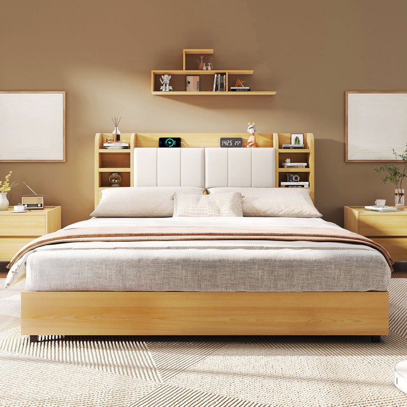 Revan Ebern Designs Bed Frame With Headboard, Platform Bed Frame With 4 Storage Drawers & Hidden Storage, Bookcase Bed Frame With Charging Station