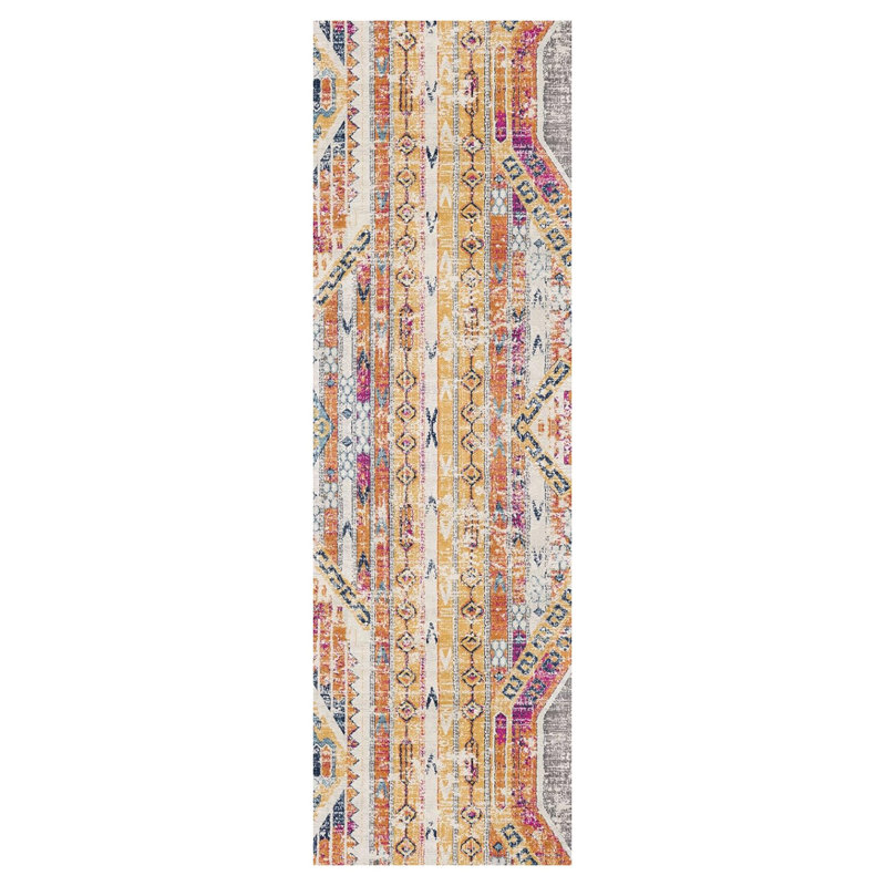18' Yellow And Beige Abstract Runner Rug