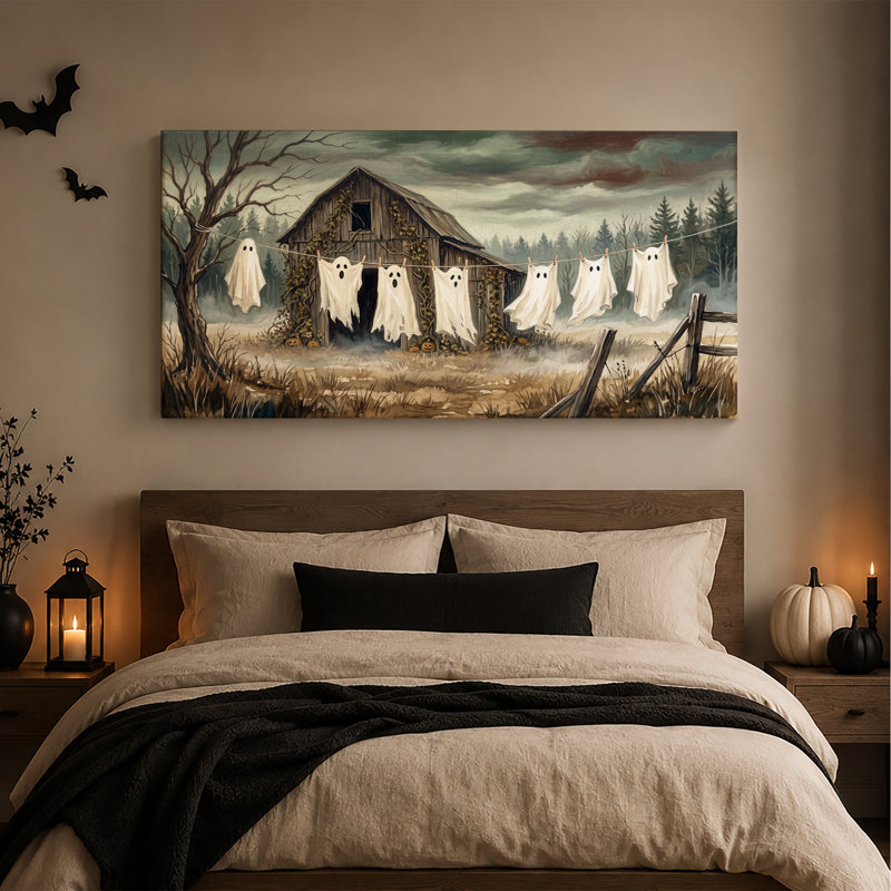 Toile blanche fantôme blanche suspendue à une corde à linge d'Halloween, L 40 po x H 20 po