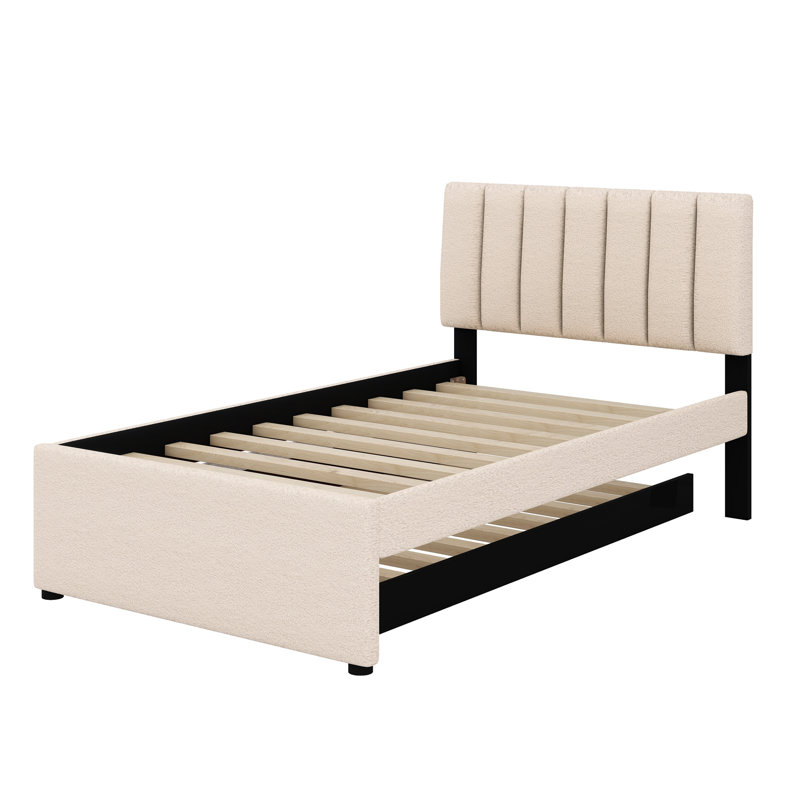 Upholstered Platform Bed With Trundle, Beige