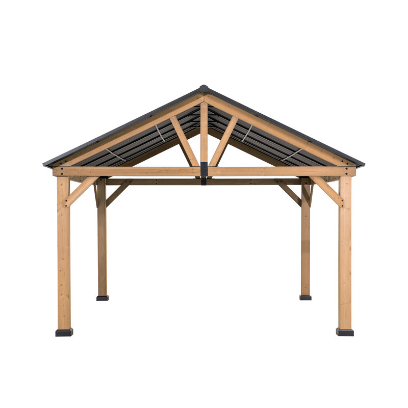Sunjoy 11 Ft. X 13 Ft. Cedar Framed Gazebo With Matte-Black Steel Gable Hard Top Roof, Matte Black