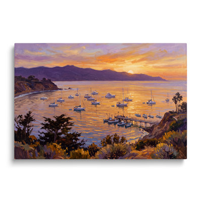 Tableau multicolore sur toile représentant un coucher de soleil sur un port, œuvre d'art murale picturale avec bateau de marina pour salon, salle à manger et chambre