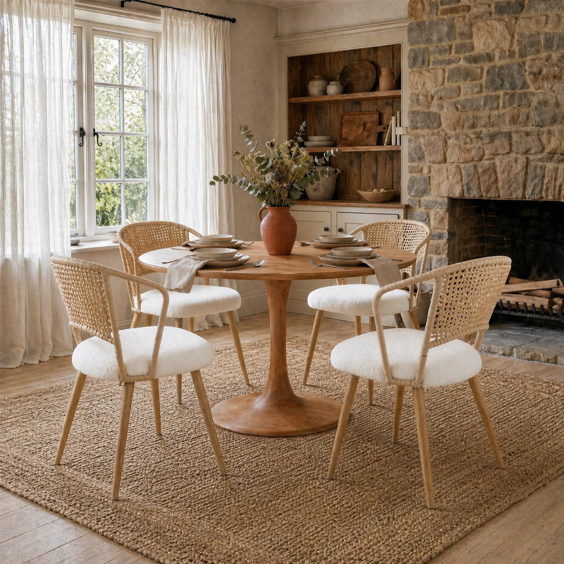 Dining Chairs Set Of 4, Upholstered Rattan Dining Chairs With Woven Back, Metal Legs And Adjustable Feet For Kitchen And Dining Room