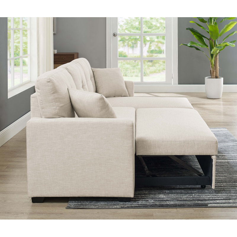 Caldre 3-Person Contemporary Linen Blend Upholstered Sectional Sleeper Sofa with Reversible Chaise Storage, Almond