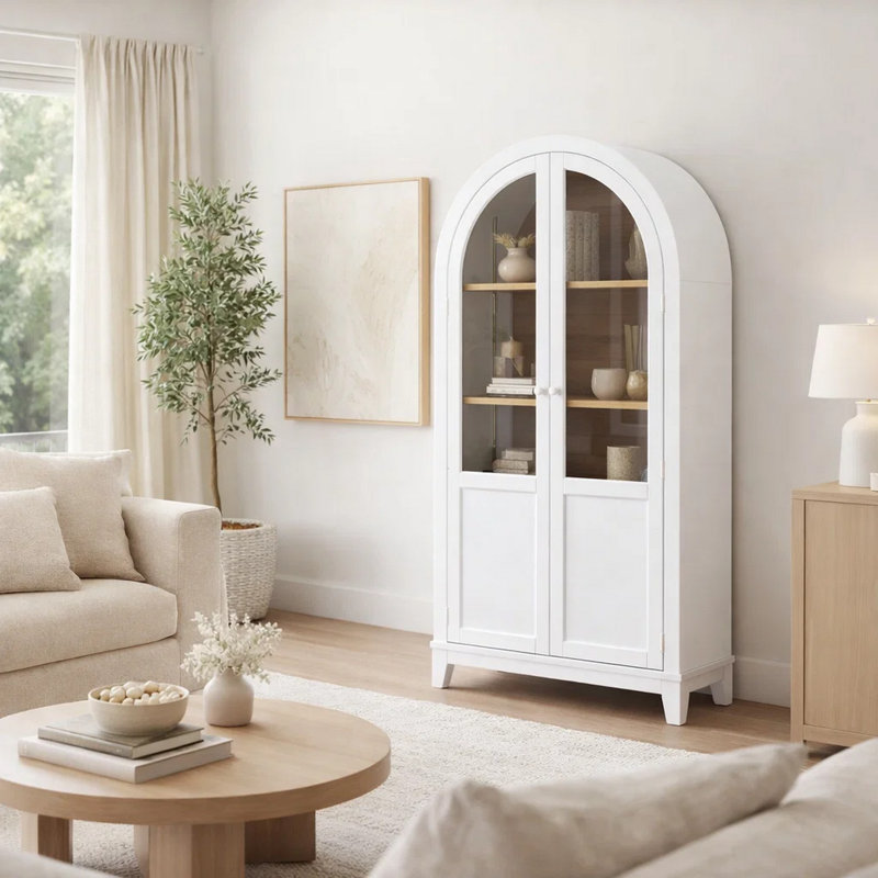 Deno Accent Curio Cabinet, 2 Arched Glass Doors, 74 Inch White