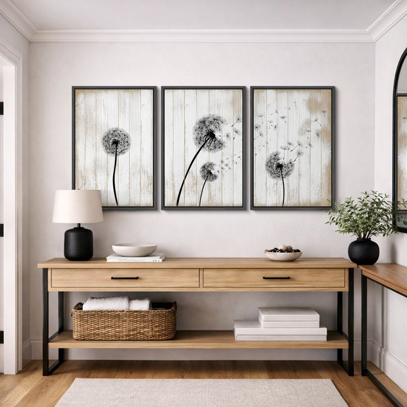 Blowing Dandelion On Wood Effect Background Artwork, Modern Rustic Farmhouse Wall Pictures, Framed Canvas Giclée Print 3 Pieces Wall Art" 16"x24"x3 pcs, 24"x36"x3 pcs