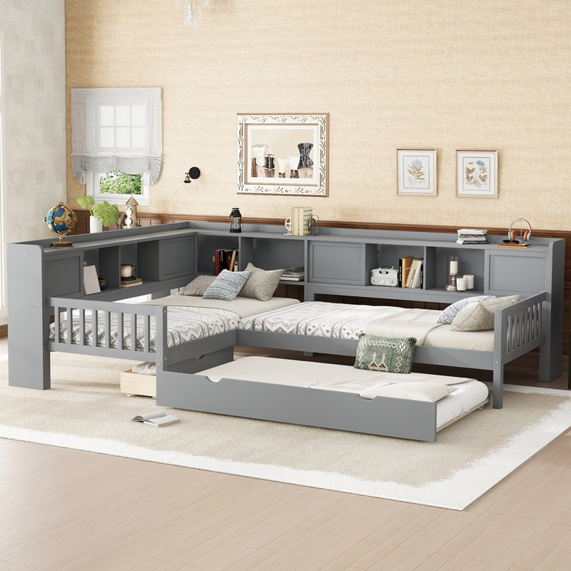 L-shaped Platform Bed Twin Size with Trundle, Solid Wood Platform Bed with Storage Drawers and Shelves, No Spring Box Needed