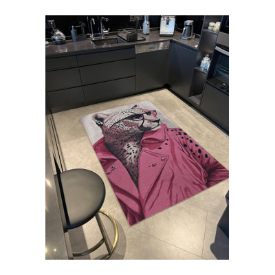 Pink Beige Themed Abstract Leopard Patterned Creative Modern Decorative Machine Washable Rug