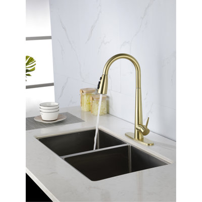 Single Handle Pull Down Kitchen Sink Faucet In Brushed Gold - Stainless Steel Material, 360 Rotating High Arc Nozzle, Three Water Output Styles For Different Works, Smooth Aerated Flow, Rust Proof