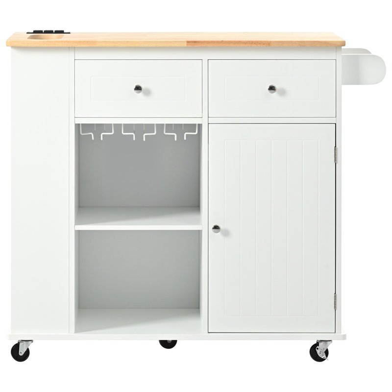 White Kitchen Cart With Power Connector, Drop-Down Leaf & Wine Stand Island Supply Point Drop Leaf, Bottle Stand, 5 Mobility, Space Utilization