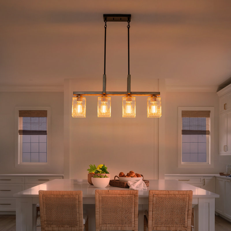 Lustre linéaire Modern Farmhouse - Structure en simili grain de bois avec abat-jour en verre rayé pour îlot de cuisine