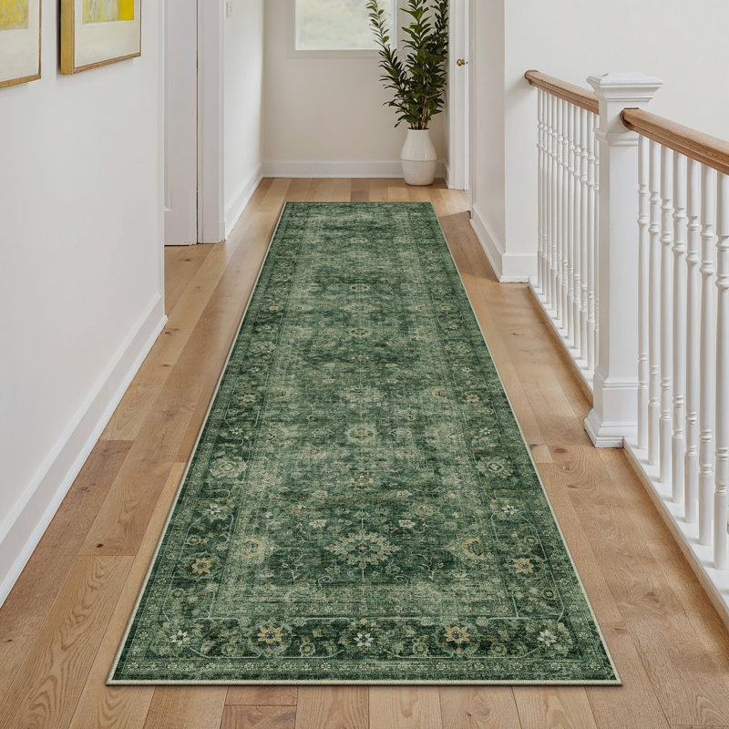 Tapis persan rétro Virelle lavable à la machine et antidérapant, Vert, Tapis de couloir 2 pi x 8 pi