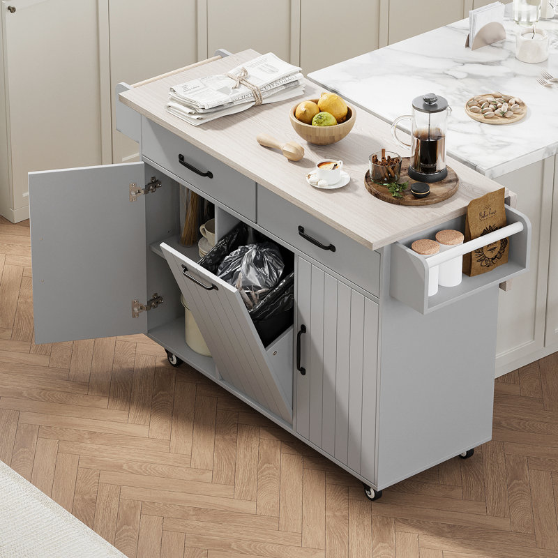 Kitchen Island With Trash Can Storage Cabinet, Kitchen Cart With Drop Leaf, Spice Rack, Towel Rack And Drawer, Rolling Kitchen Island On Wheels With Adjustable Shelf