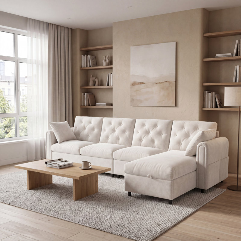 4 Seater Velvet Sofa, Beige