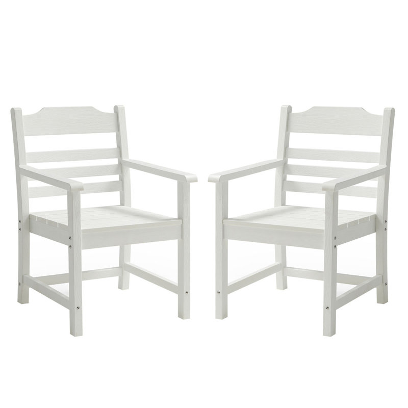 Patio Dining Chair With Armset Set Of 2, Pure White With Imitation Wood Grain Wexture,HIPS Material, White