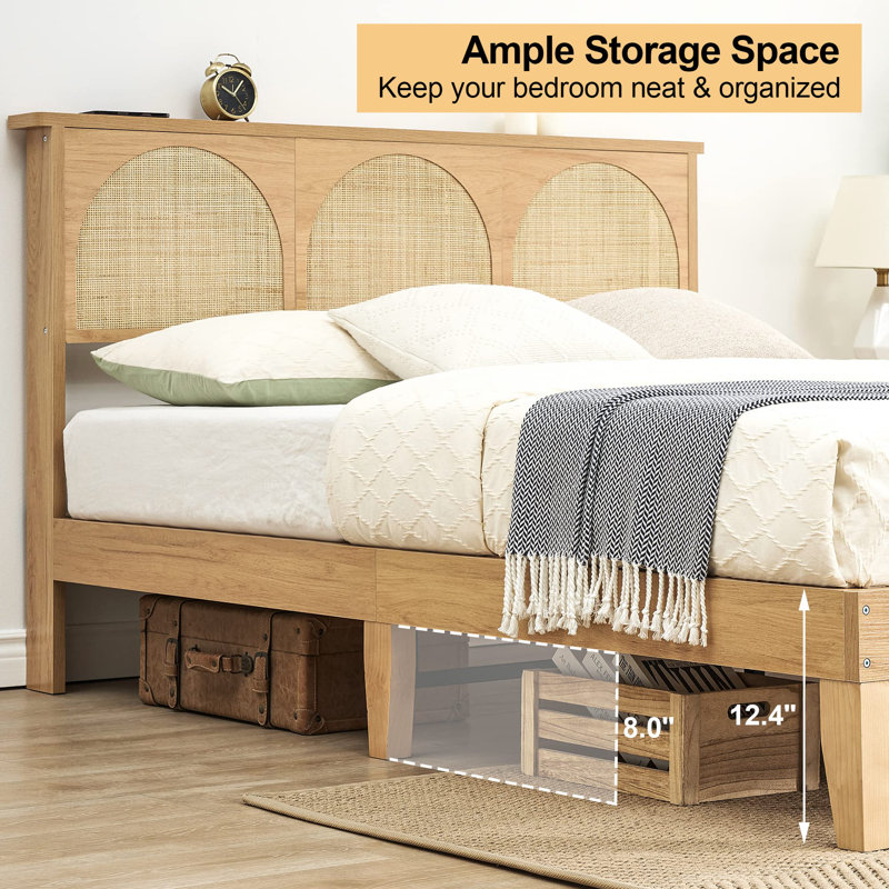 Full Size Bed Frame With Rattan Headboard, Boho Cane Platform Full Bed Frame With LED Lights, Full