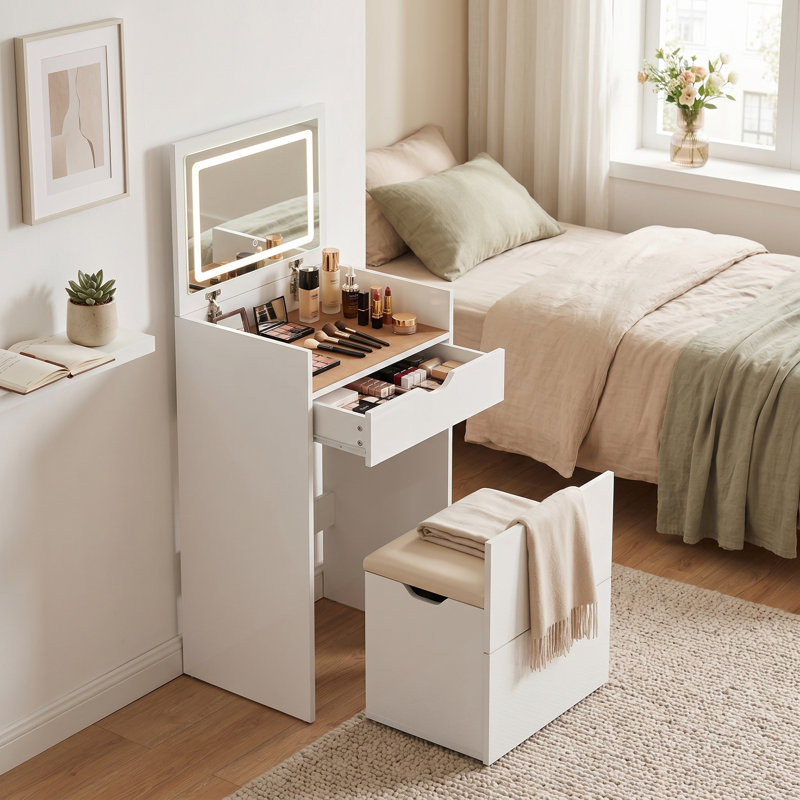 Coiffeuse 3 en 1 avec tabouret, miroir de coiffeuse 3 couleurs et tiroirs - blanc, Blanc