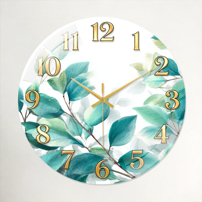 Horloge murale en verre à motif de feuilles, 60 x 60 cm (23,6 x 23,6 pouces)