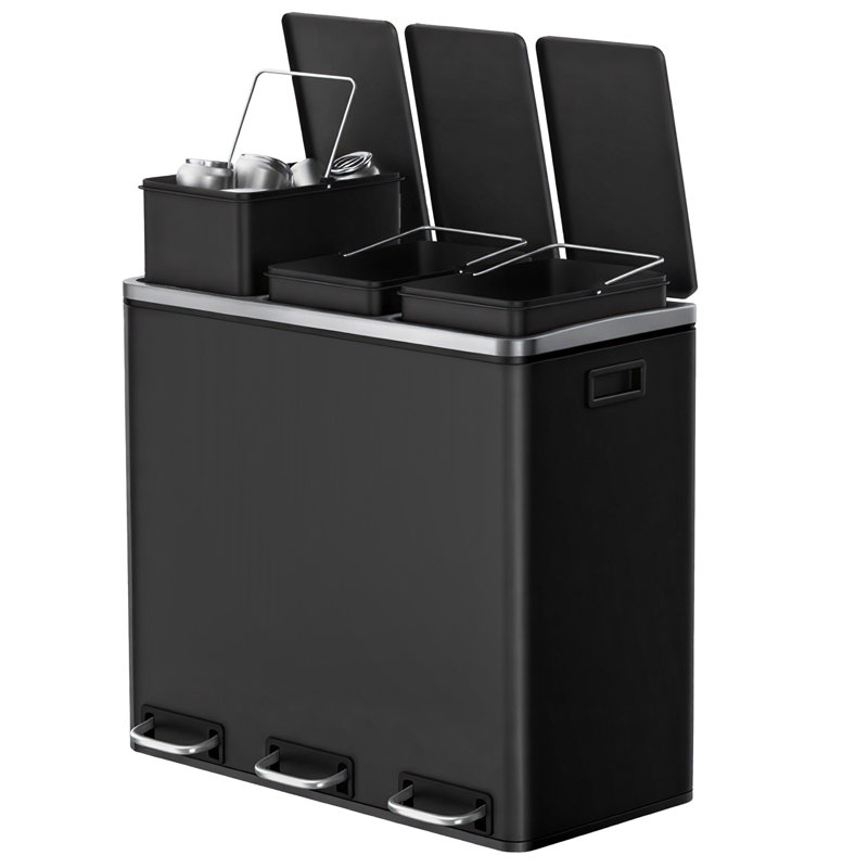Steel Step On Multi-Compartment Rubbish & Recycling Bin - 54L