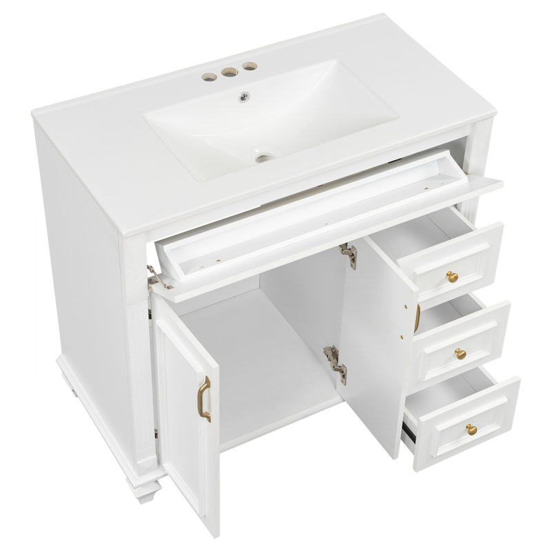 Armoire de meuble-lavabo avec tiroir rabattable, Blanc, Doré