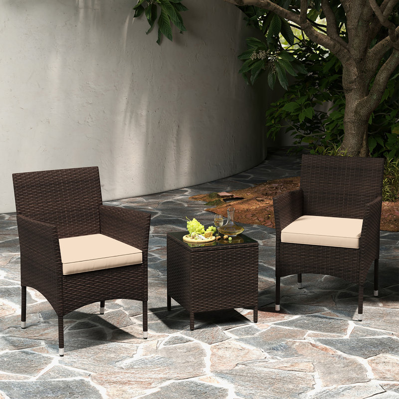  3 PCS Outdoor Conversation Set w/ Cushioned Seat & Tempered Glass Tabletop, Beige