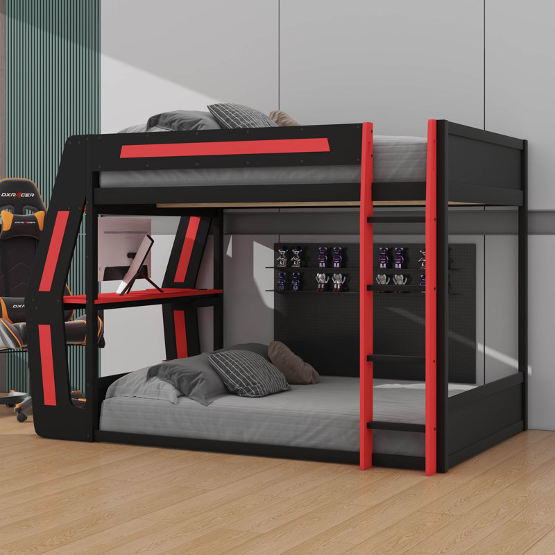 Lit double superposé double pour jouer, bureau intégré, ports USB et organisateurs de câbles, structure en bois avec éclairage DEL
