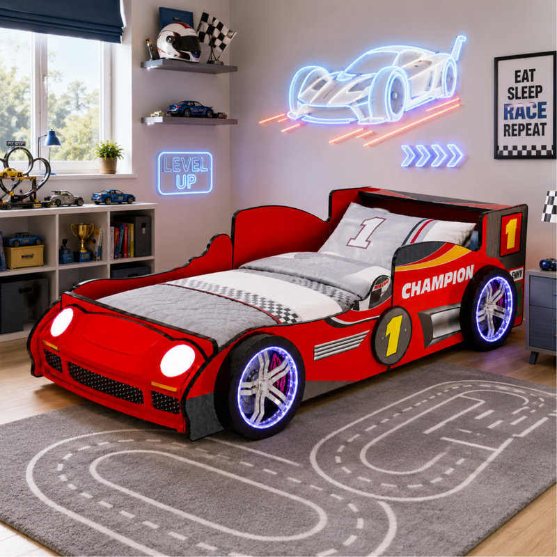 Cadre de lit de voiture de course pour enfants, conception de voiture de course de formule Speedster avec lumières à DEL