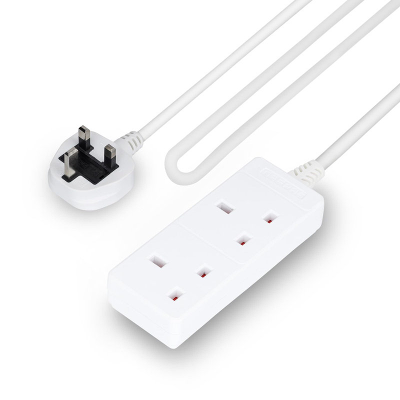 GEEPAS 2 Gang Extension Lead, 1M Cable | 2-Way Plug Extension Cable, 13 A | Wall Mountable & Multi Socket Mains Strip For Home Bedroom Office | Heavy Duty UK Plug | White