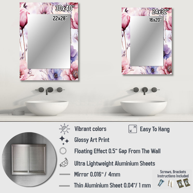 Rose et mauve Wildflower Paradise - miroir floral, miroir mural décoratif, art imprimé en métal, 32 po x 24 po