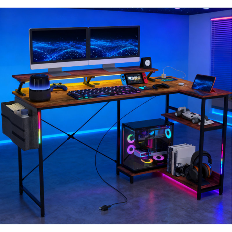 Bureau d'ordinateur avec bureau en coin réversible en forme de L, support pour écran, prises de courant et lumières DEL