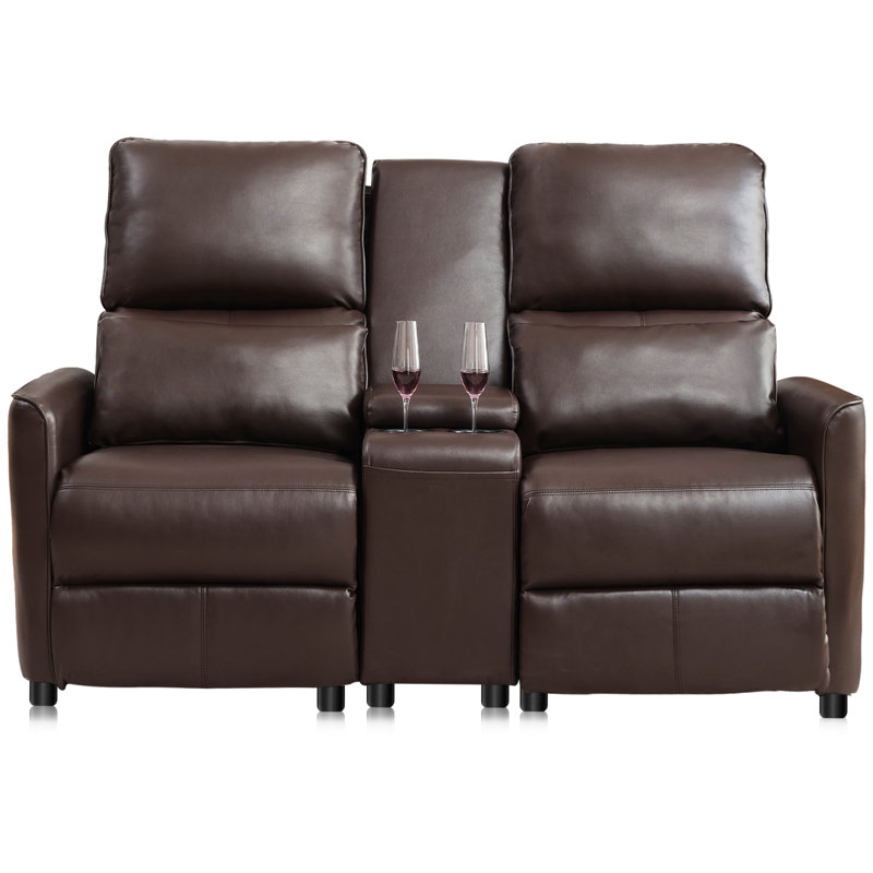 Causeuse inclinable manuelle avec console centrale et porte-gobelets pour le salon, Brun vif