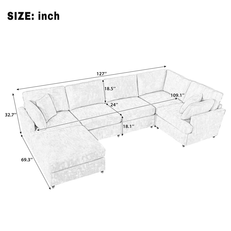 Canapé modulaire en forme de U 127,02 "avec repose-pieds mobile, canapé d'angle rembourré et modulaire 6 pièces pour grand salon