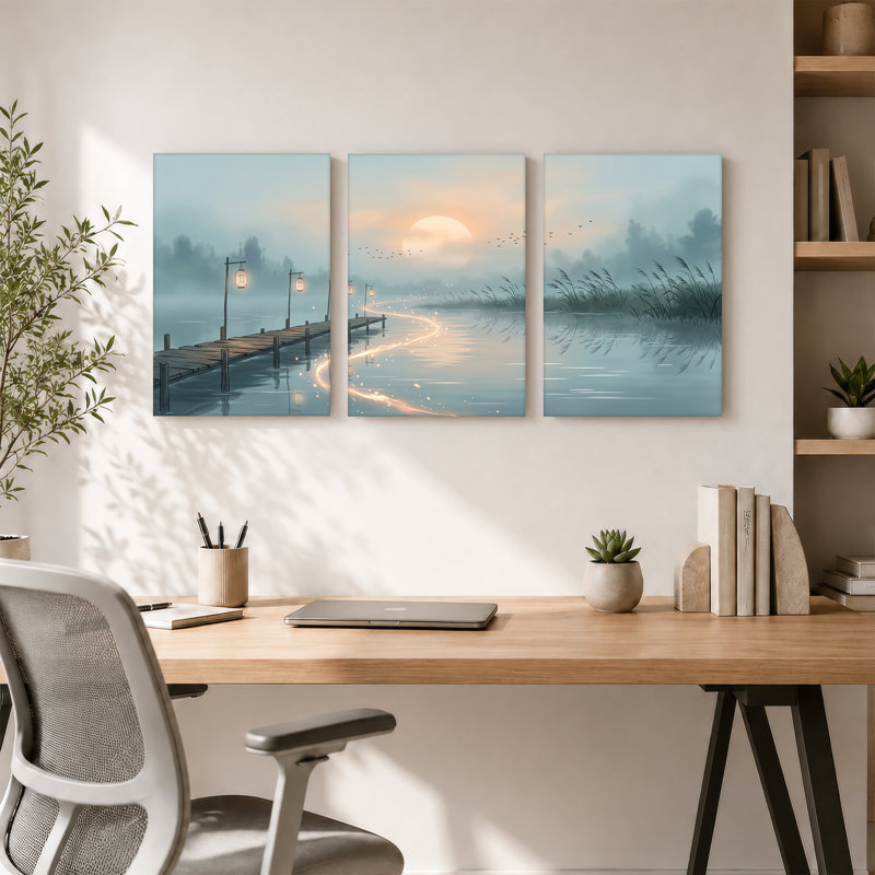 Misty Lake Dock, ensemble de 3 toiles avec lanternes en papier et oiseaux volants, 18"H x 12"W x 3pcs