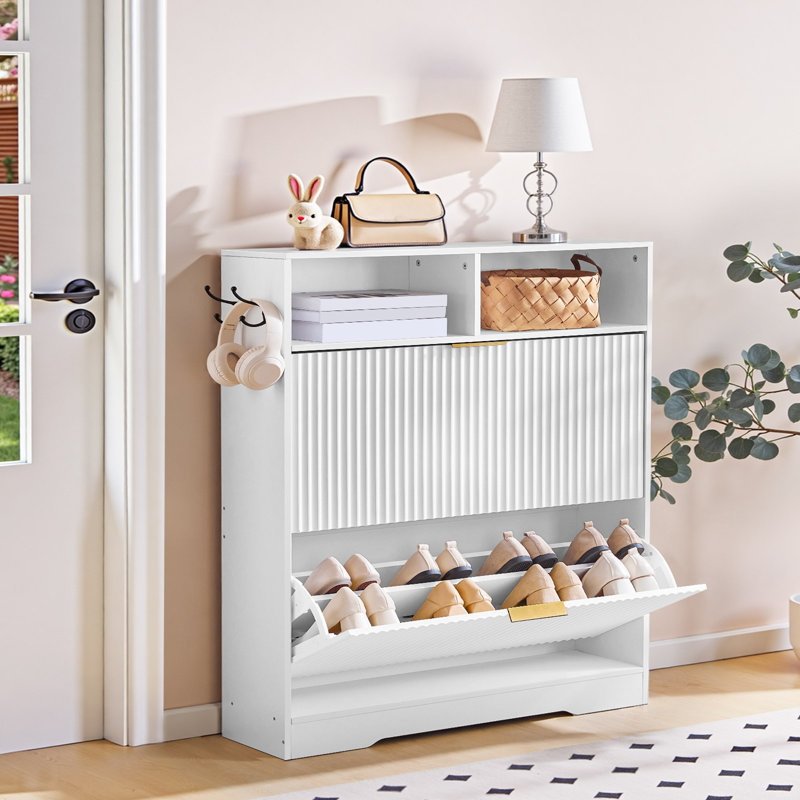 16 pairs Shoe Storage Cabinet with 2 Storage Compartments and 2 Hooks Shoe Organizer