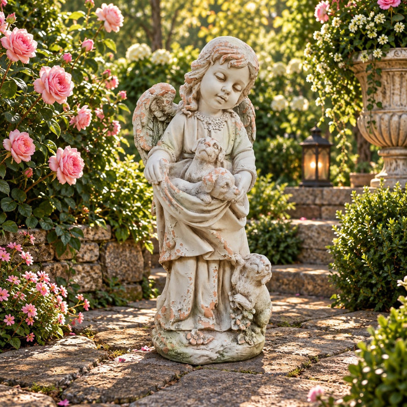 Statue de jardin « Heather » représentant un chérubin et ses chiots, d'une hauteur de 68,5 cm (27 pouces).