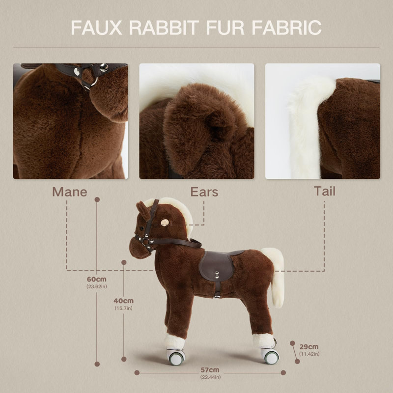 Cheval à bascule pour enfants avec poney en peluche, cadre en bois massif et mécanisme non électrique, idéal pour la salle de jeux et la chambre.